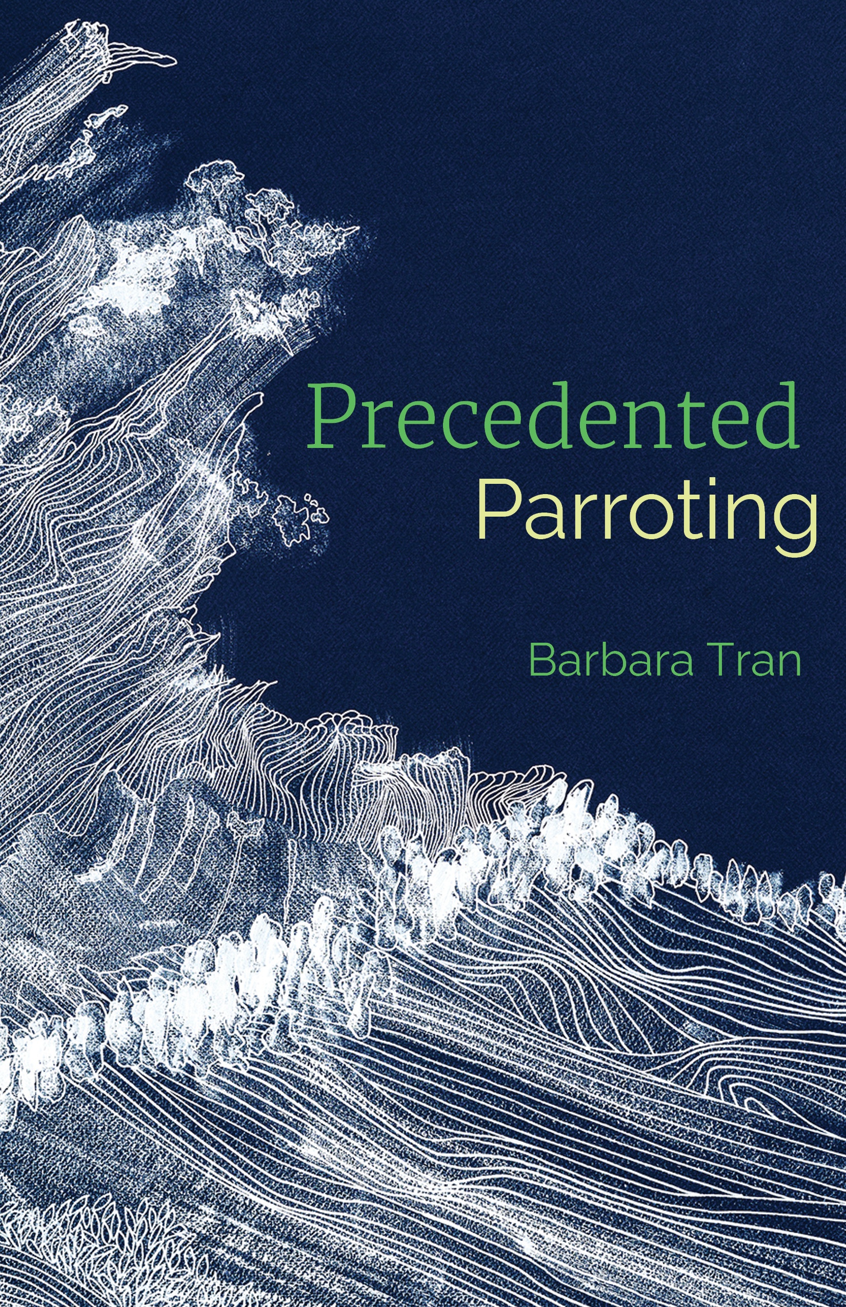 Precedented Parroting book cover in dark blue with white wave image by Yen Ha