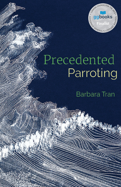 Precedented Parroting dark blue book cover with white rippling forest line/wave image by Yen Ha